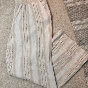 Size Large Linen Blend Pants Womens Wide Leg Elastic Waist Pockets beige